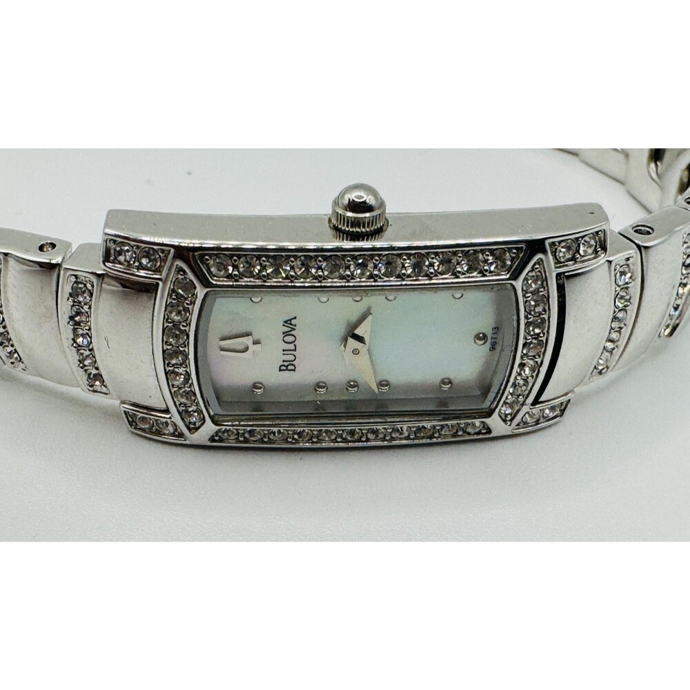 Bulova Rectangular Crystal Bracelet Watch Japan Movement Mother of Pearl Dial - Picture 2 of 7